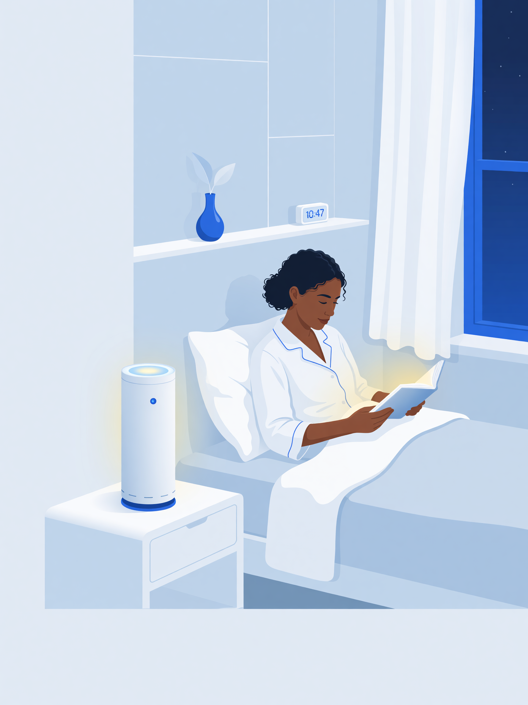 quiet air purifier running beside bed for sleep