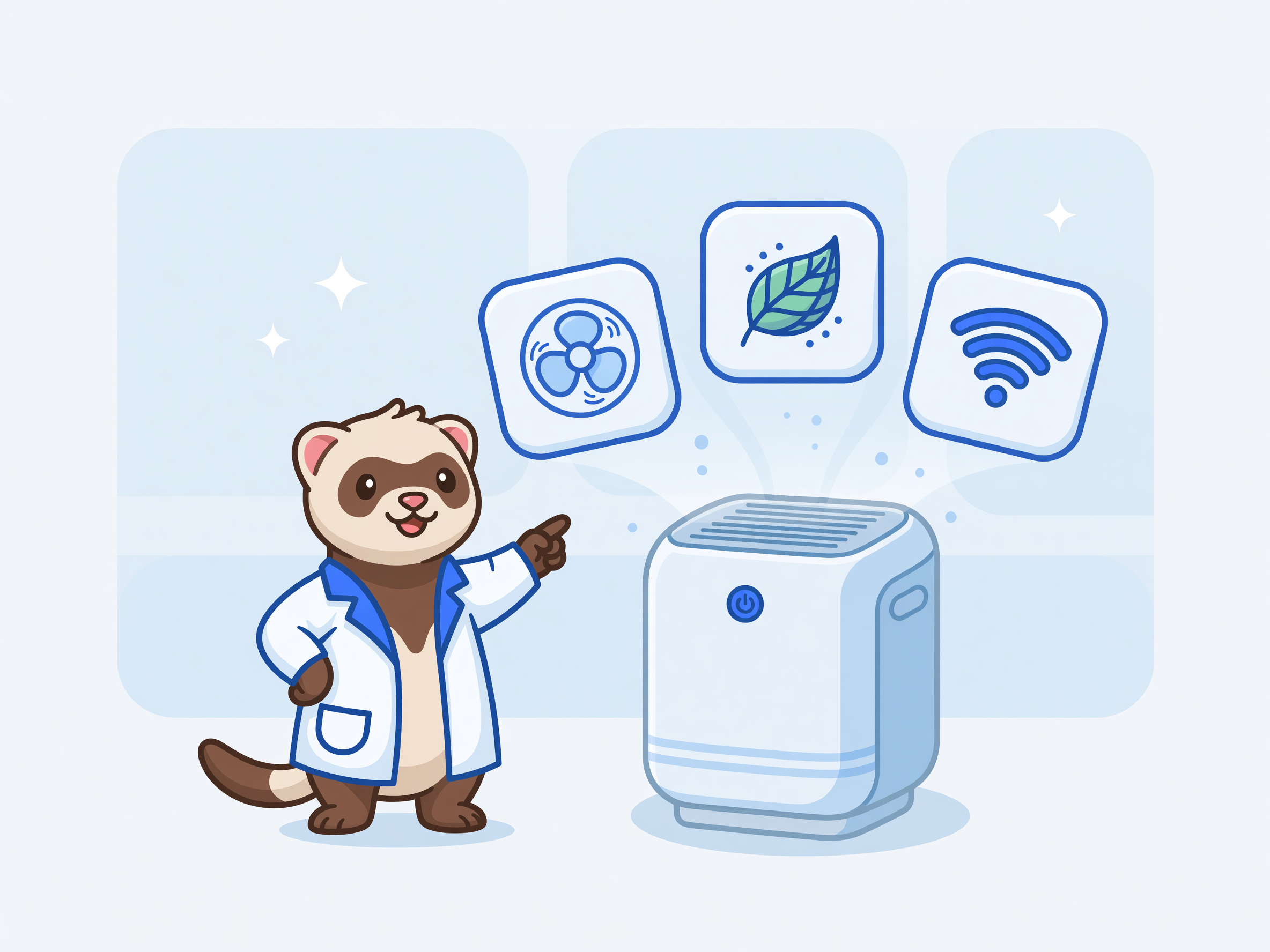 ferret mascot showing smart air purifier features