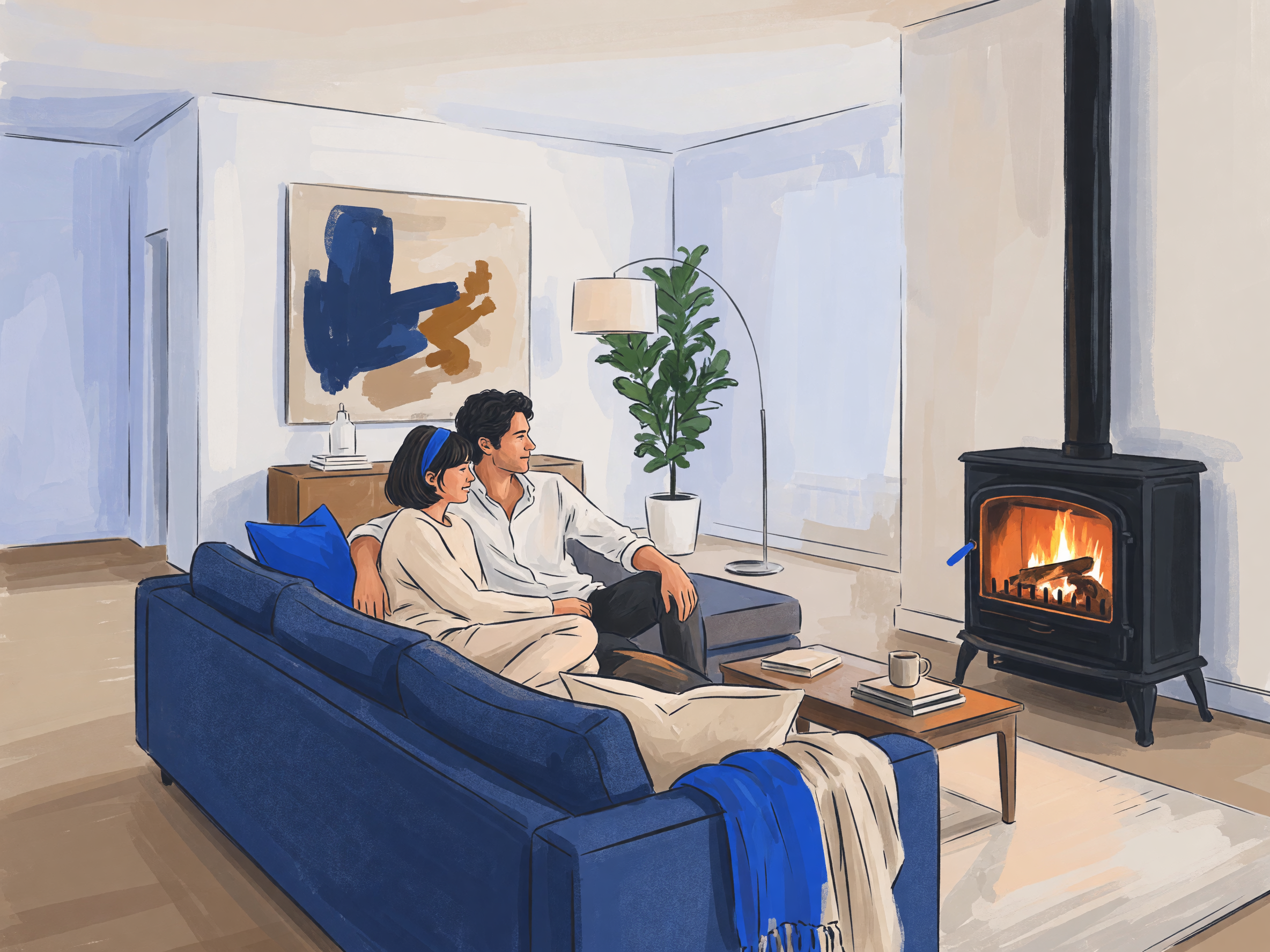 Couple relaxing beside freestanding electric fireplace