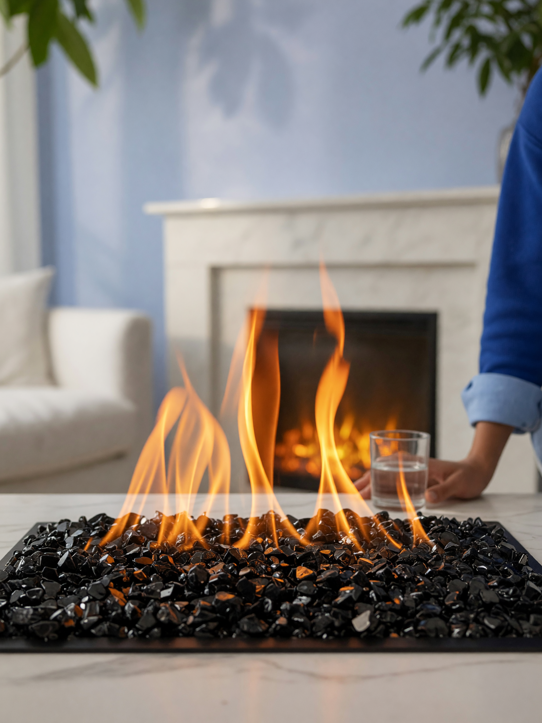 Close-up of electric fireplace flame and media bed