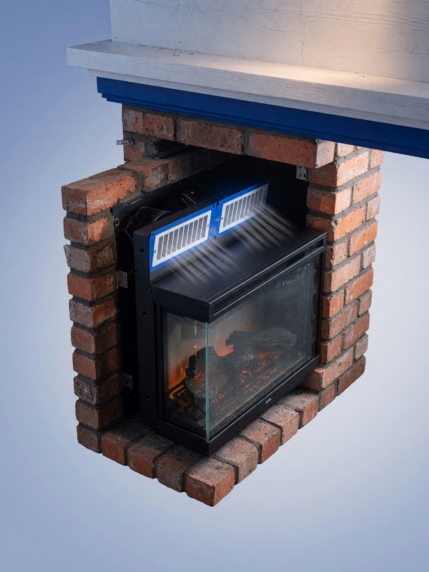 Cutaway of electric fireplace insert inside masonry opening