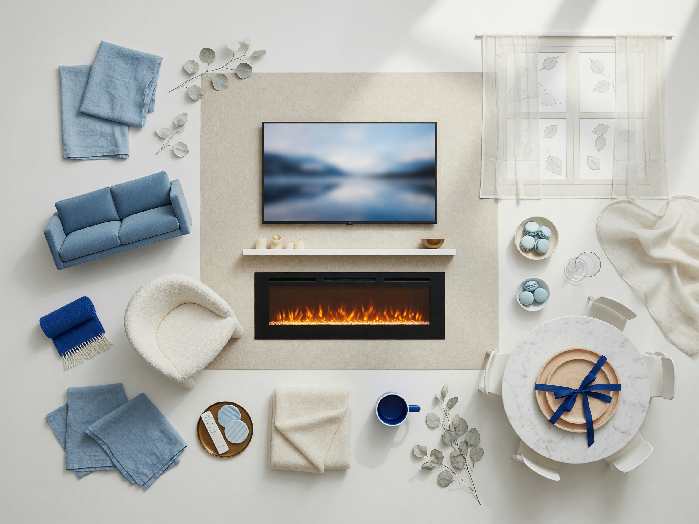 Spacious room with wall mount electric fireplace and TV