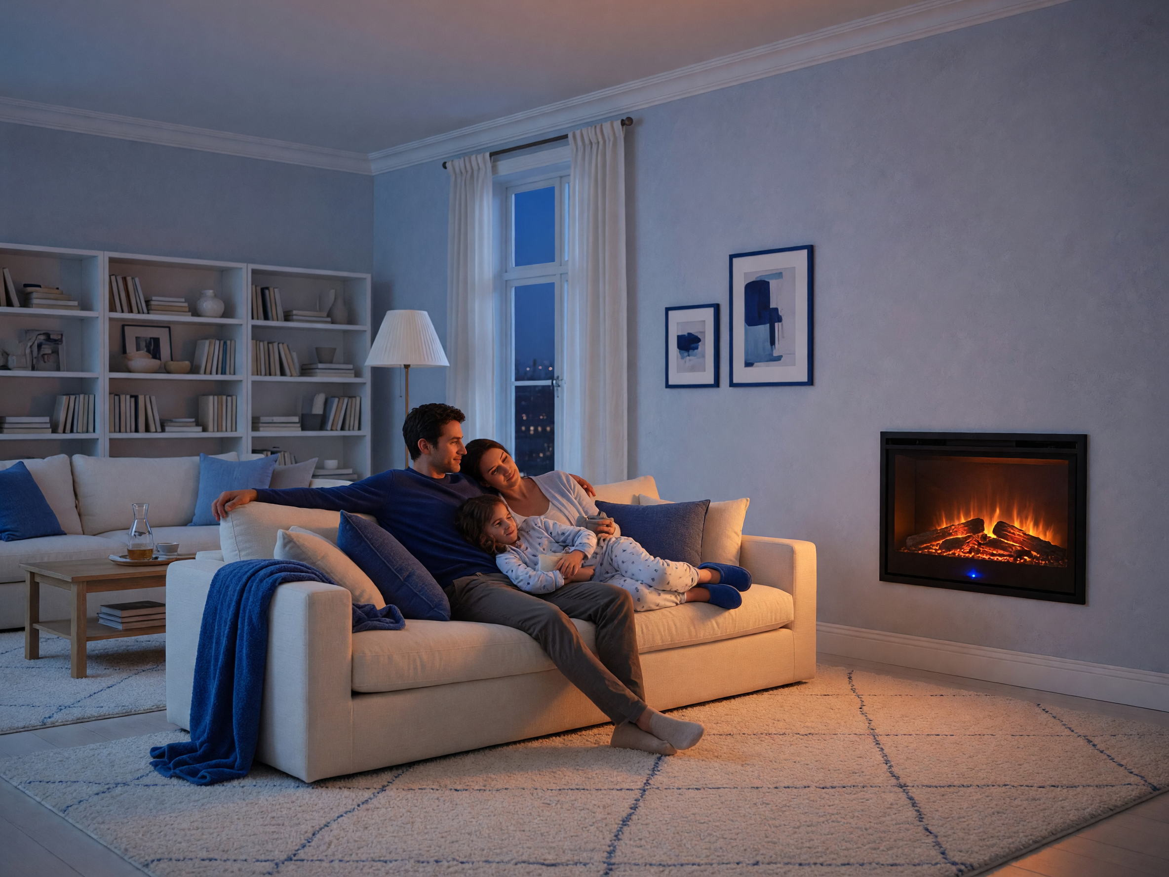 family enjoying electric fireplace in living room