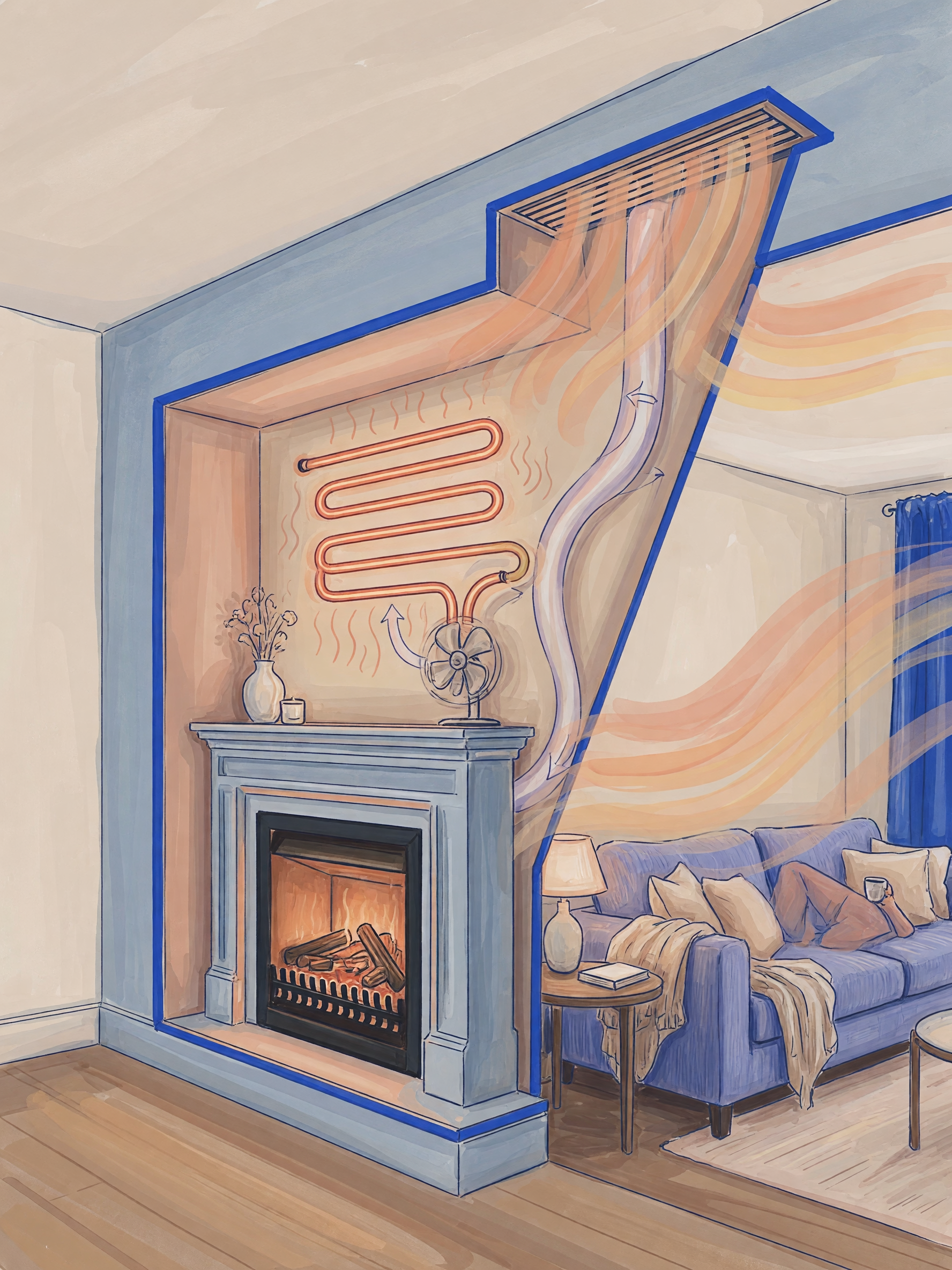 cutaway diagram of electric fireplace heat flow into room