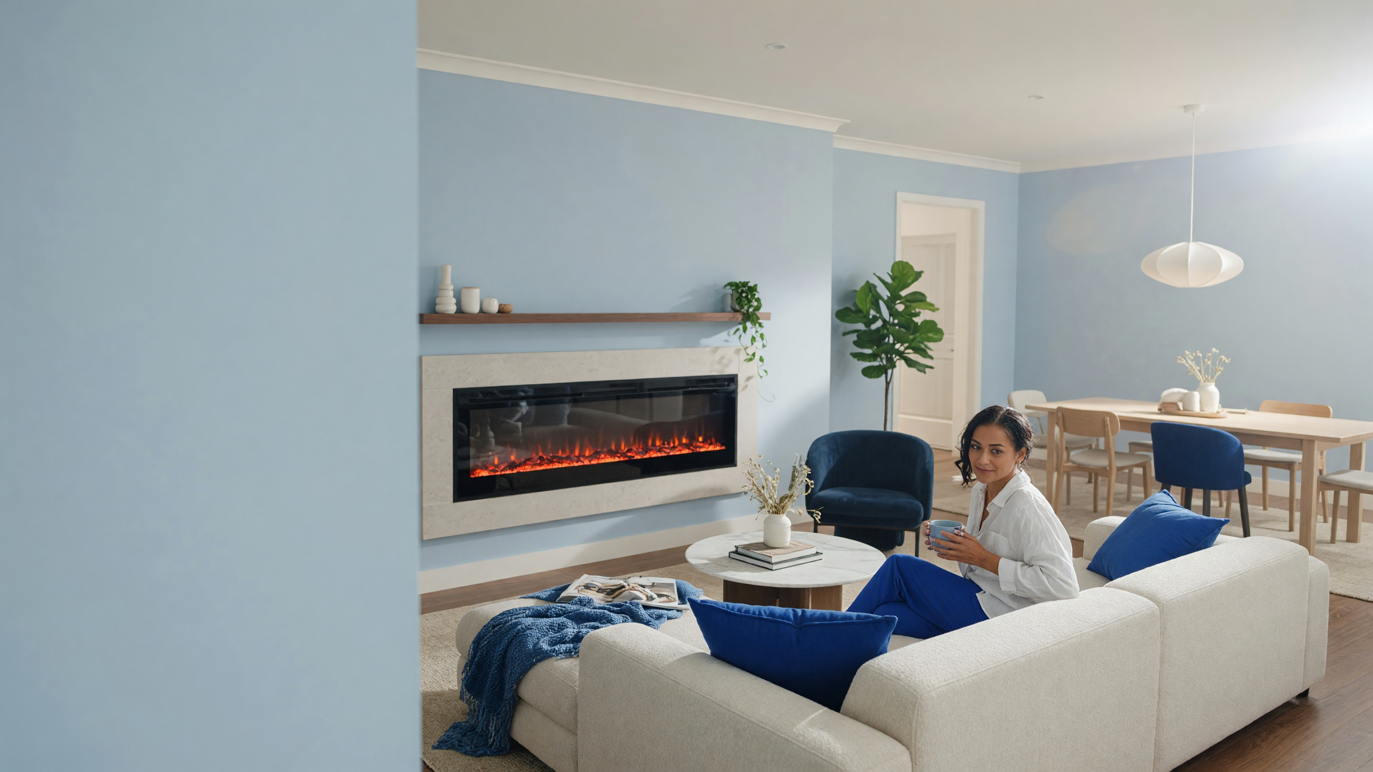 wide lifestyle view of large room with linear electric fireplace