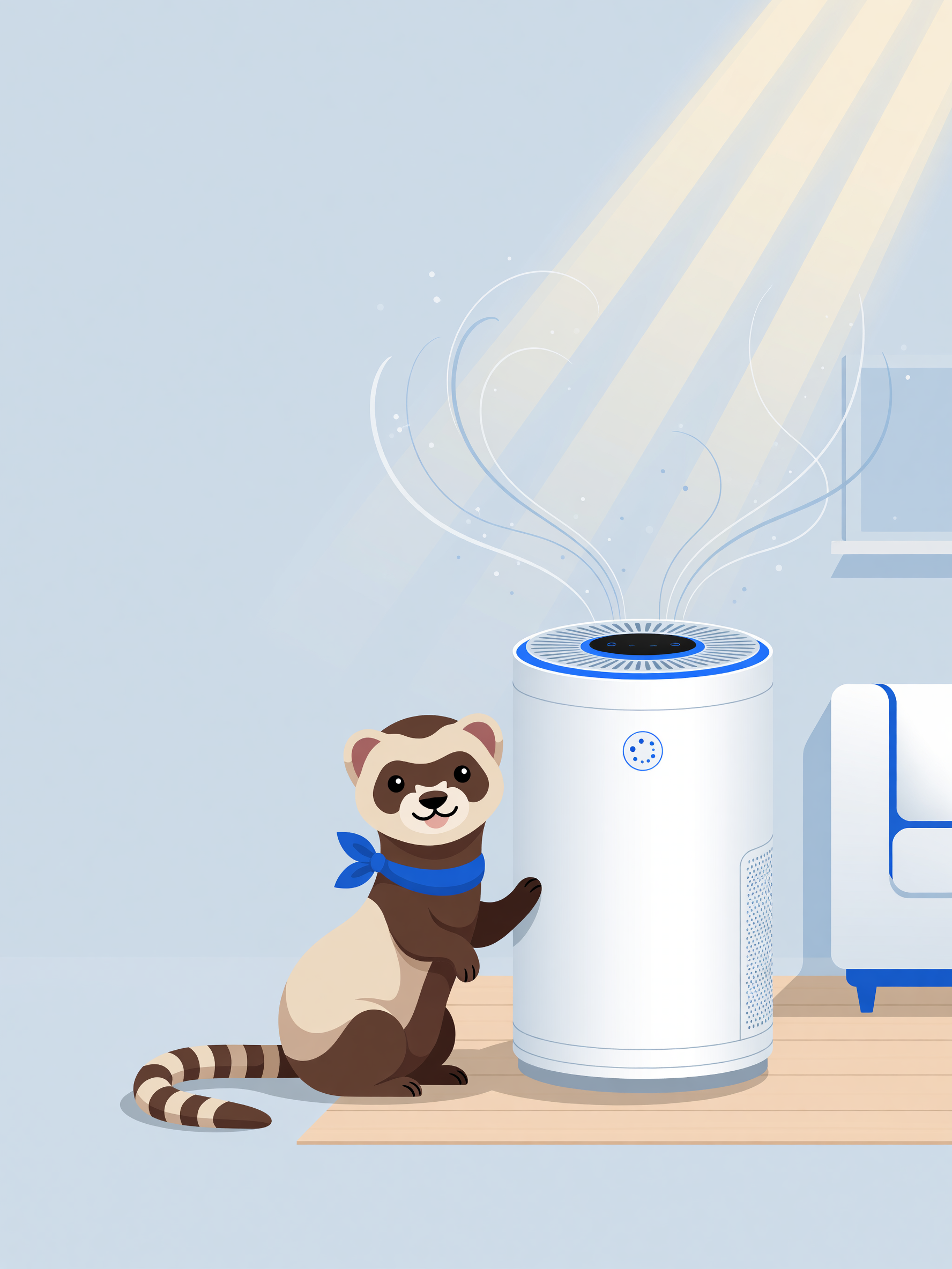ReviewFerret mascot with home air purifier