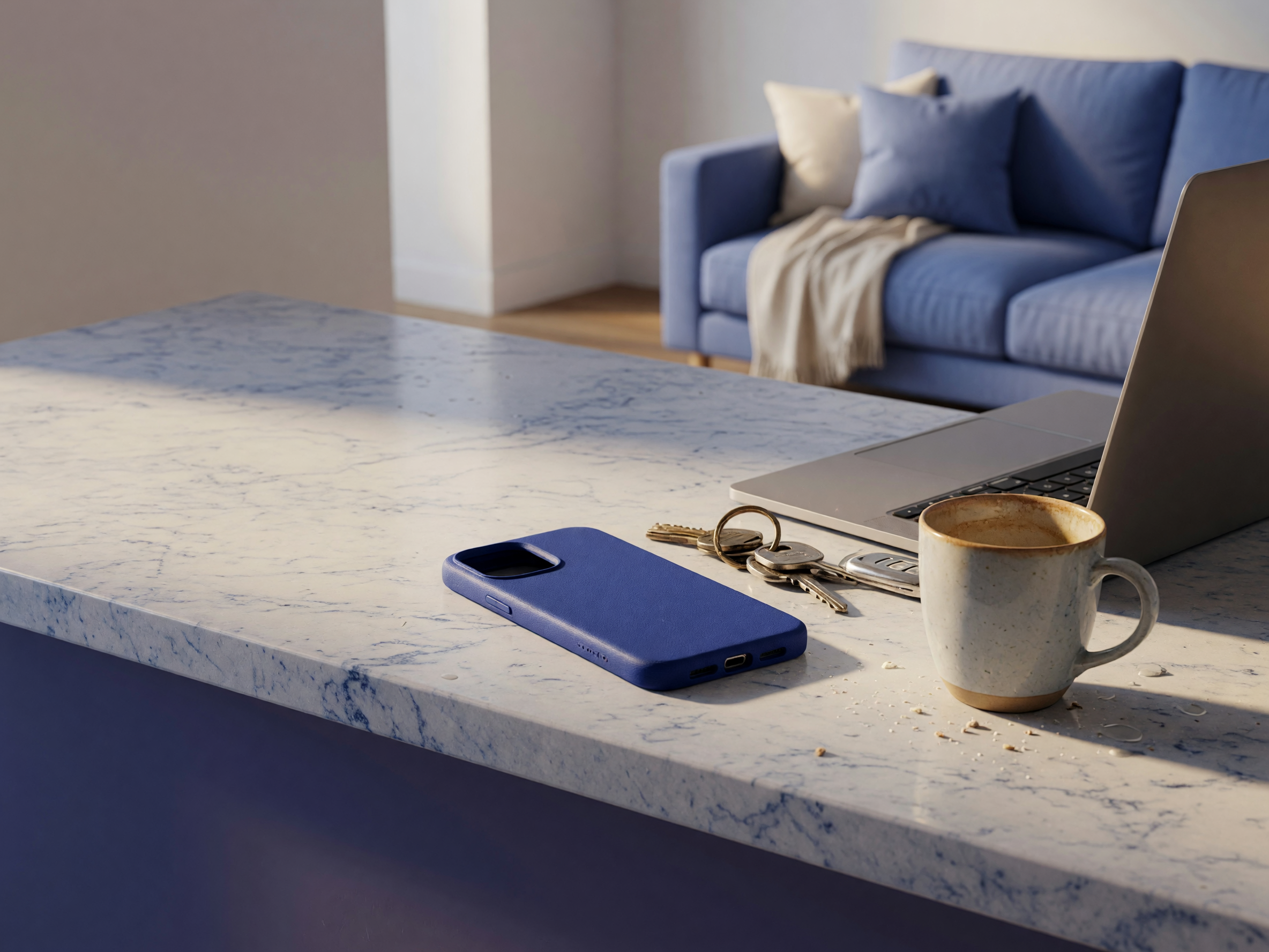 lifestyle wide shot of phone case in home setting