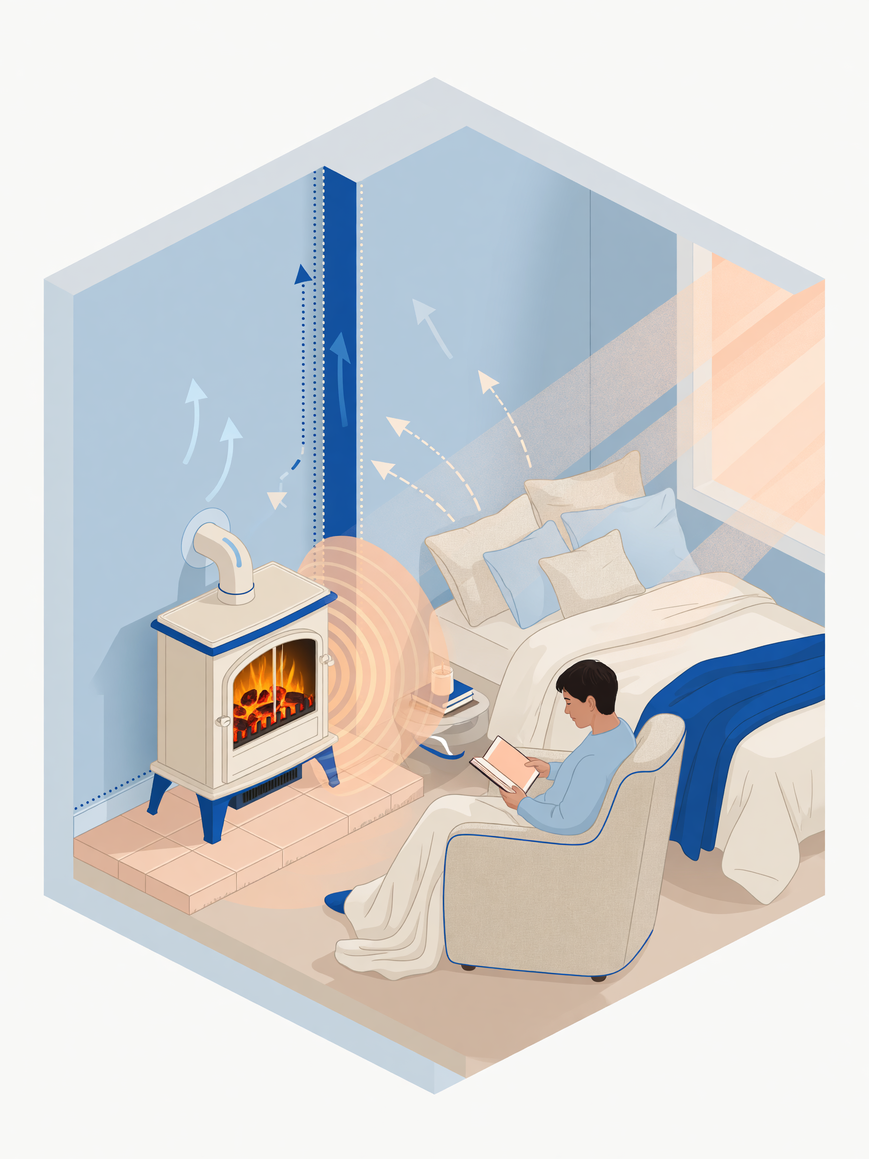 Freestanding electric fireplace in a small bedroom setting