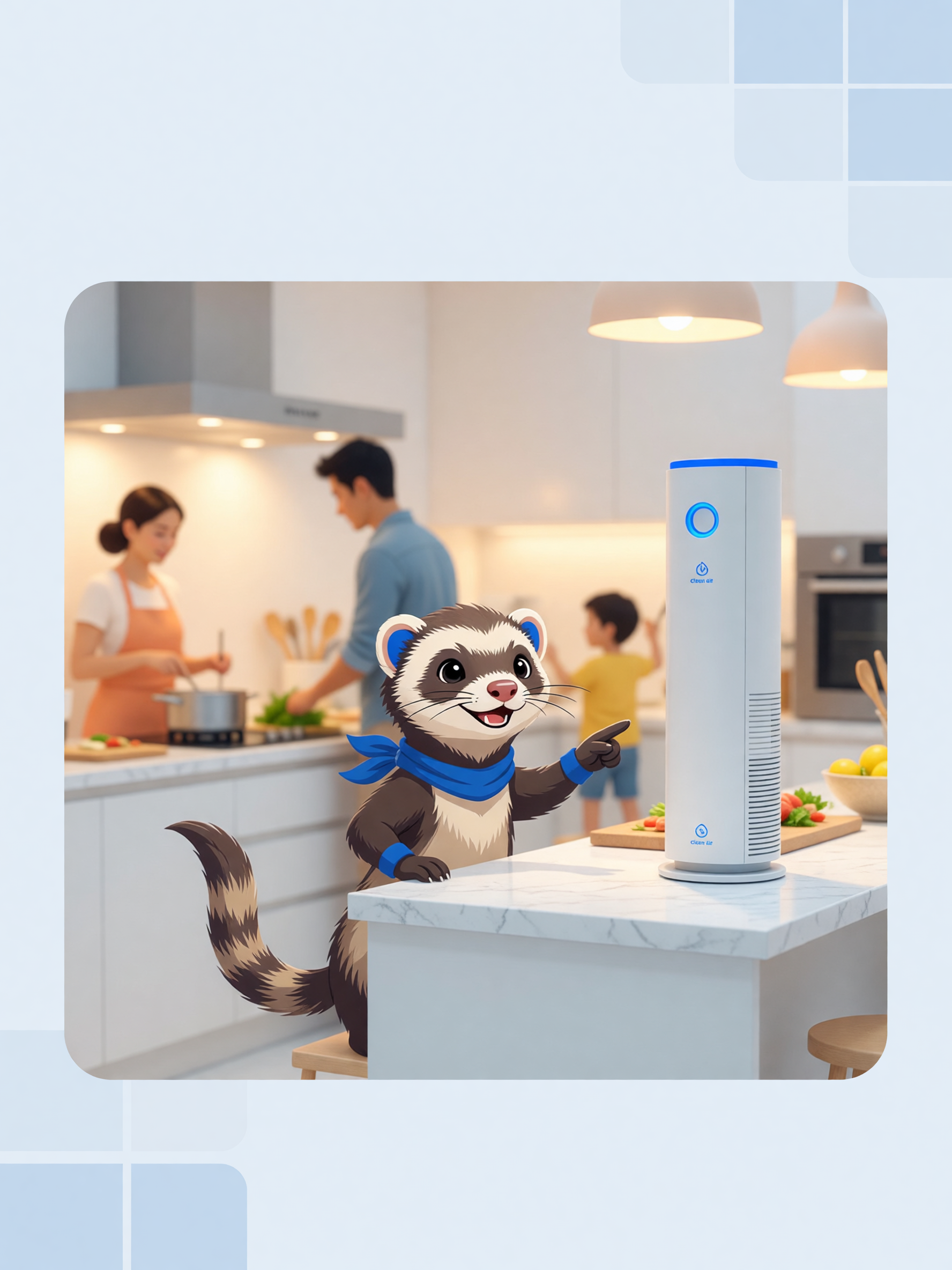 ferret mascot showing kitchen air purifier placement